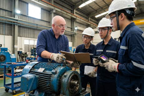 Pascal Flatrès coaching young technicians in a factory around an electric motor